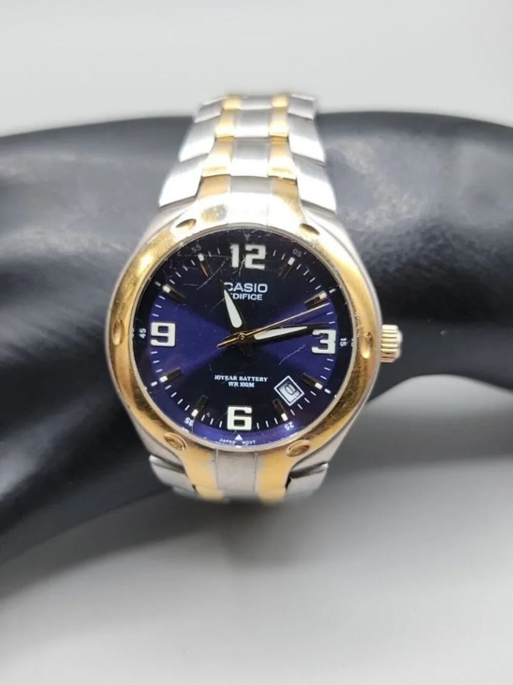 Casio Edifice Watch Men Gold Silver Tone Date Round 37mm Blue Dial 7.5